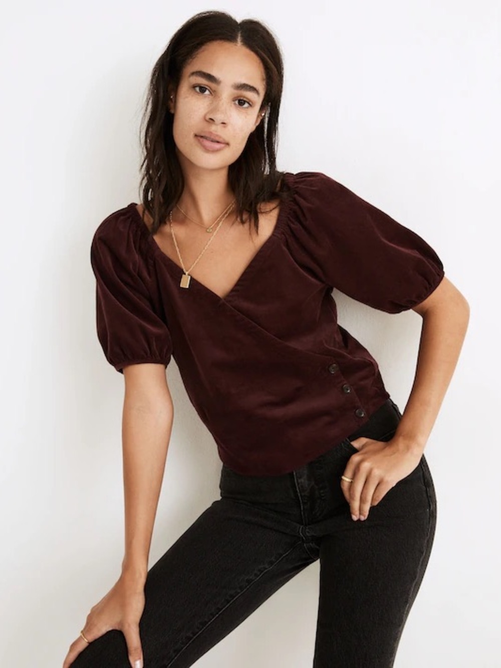Madewell 100% Cotton Burgundy Corduroy Puff Sleeve Wrap Top